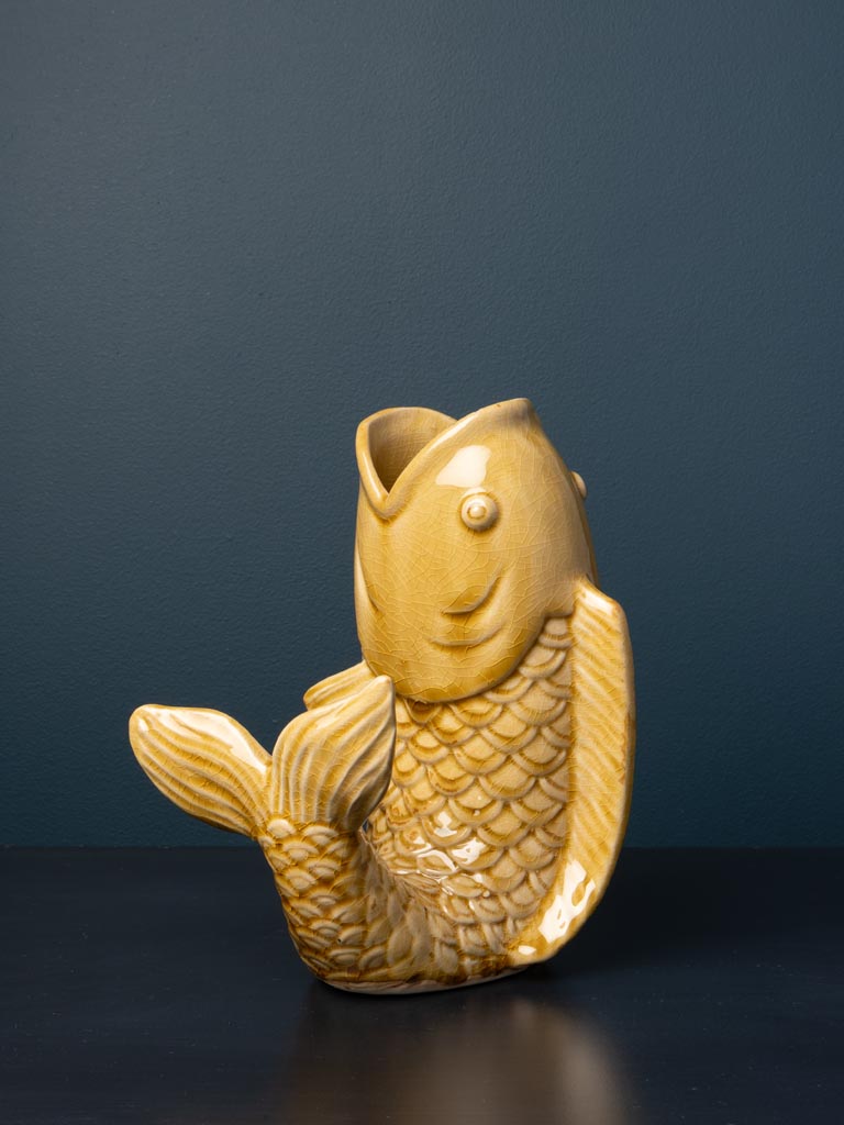 Vase poisson en grès moutarde